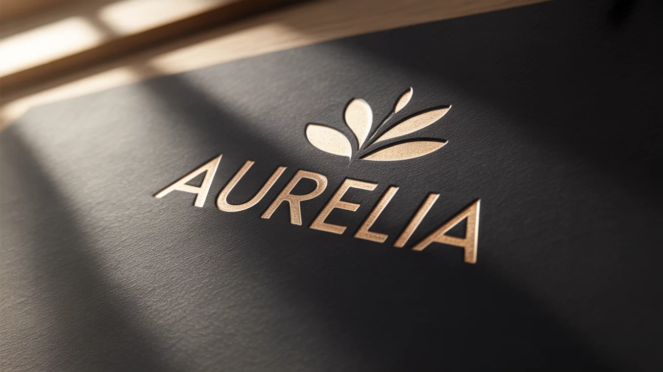 A close-up macro shot of a luxurious gold foil logo for the brand 'AURELIA' embossed on textured black paper, with light glinting off the metallic surface.