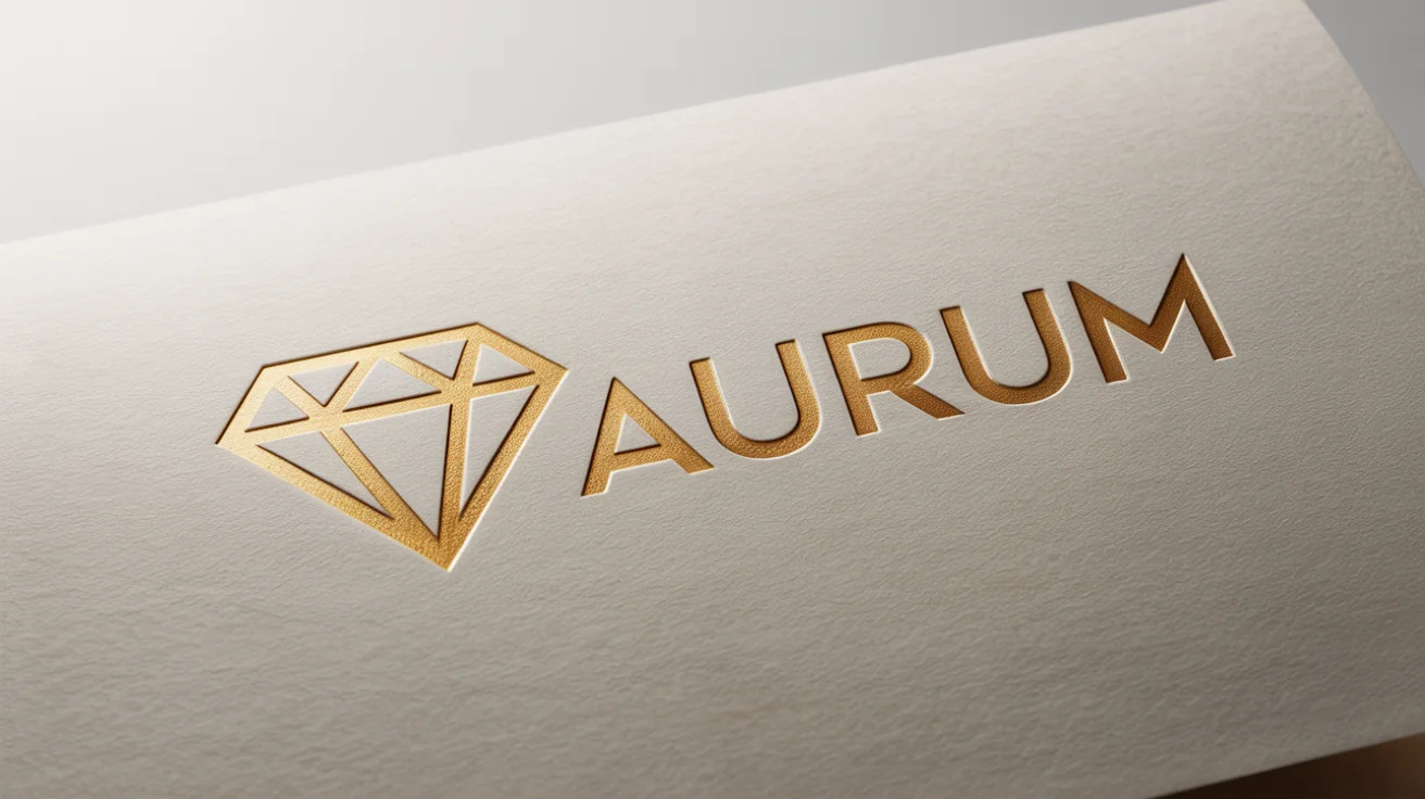 A photorealistic mockup of a logo for the brand 'AURUM' embossed in shiny, reflective gold foil on a piece of textured white paper against a plain white background.