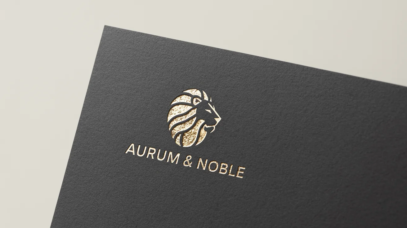A close-up photograph of a luxurious gold foil logo, featuring a geometric lion head and the text 'AURUM & NOBLE', embossed on premium black cardstock against a clean white background.