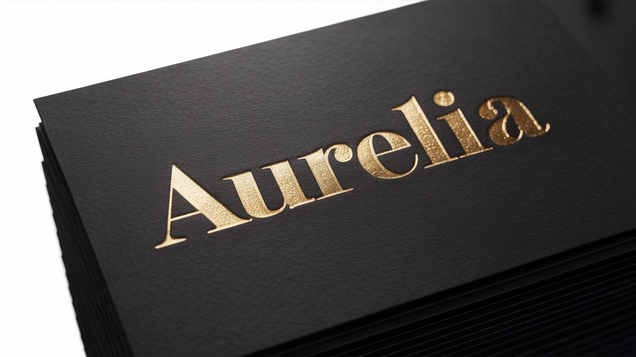 A close-up of a luxurious logo, 'Aurelia', stamped in shimmering gold foil onto a piece of matte black cardstock, set against a clean white background.