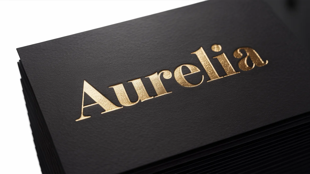 A close-up of a luxurious logo, 'Aurelia', stamped in shimmering gold foil onto a piece of matte black cardstock, set against a clean white background.