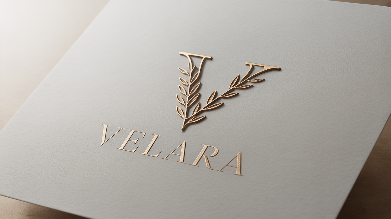 A close-up shot of a luxurious logo, 'VELARA', embossed in shiny gold foil on a piece of premium black cardstock, set against a plain white background.