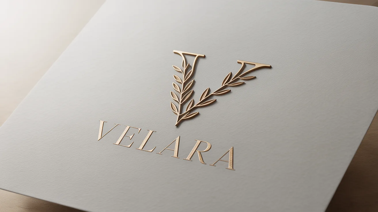 A close-up shot of a luxurious logo, 'VELARA', embossed in shiny gold foil on a piece of premium black cardstock, set against a plain white background.
