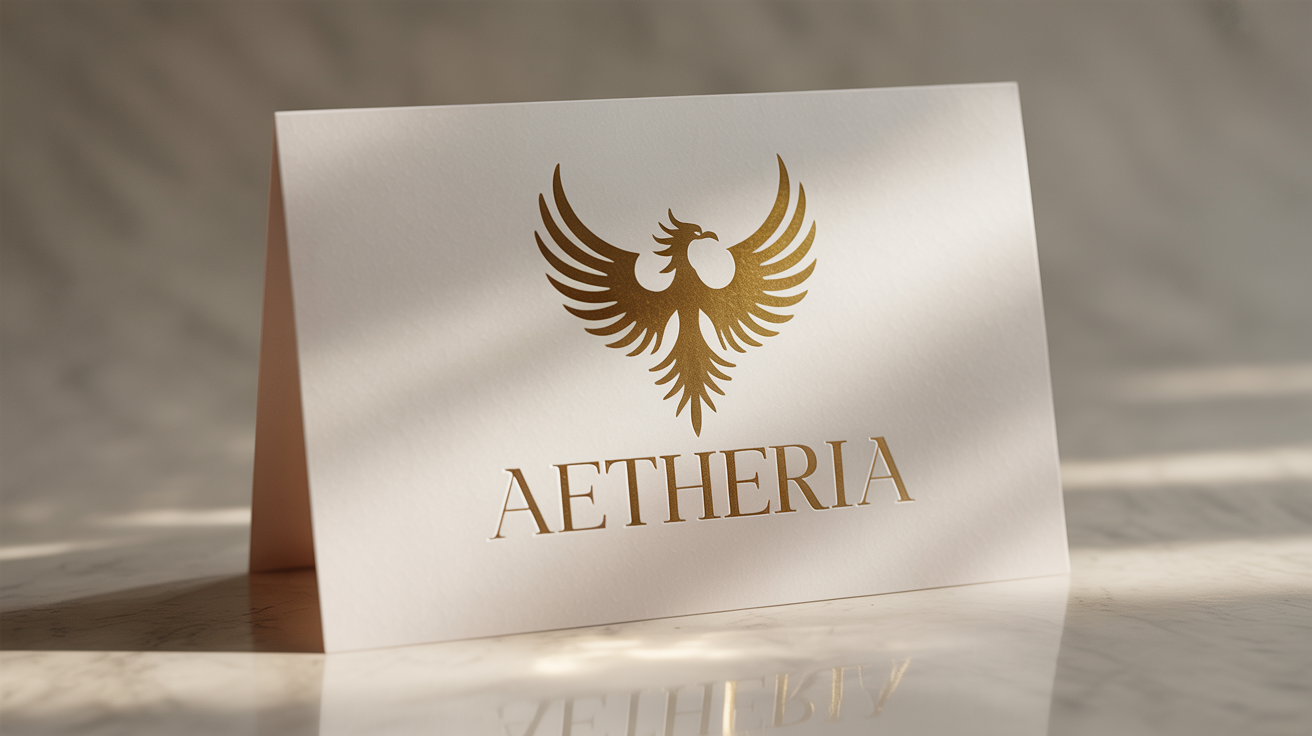 A photorealistic mockup of a brand logo featuring a phoenix icon and the name 'AETHERIA', both stamped in shiny gold foil onto a piece of matte white cardstock, against a plain white background.
