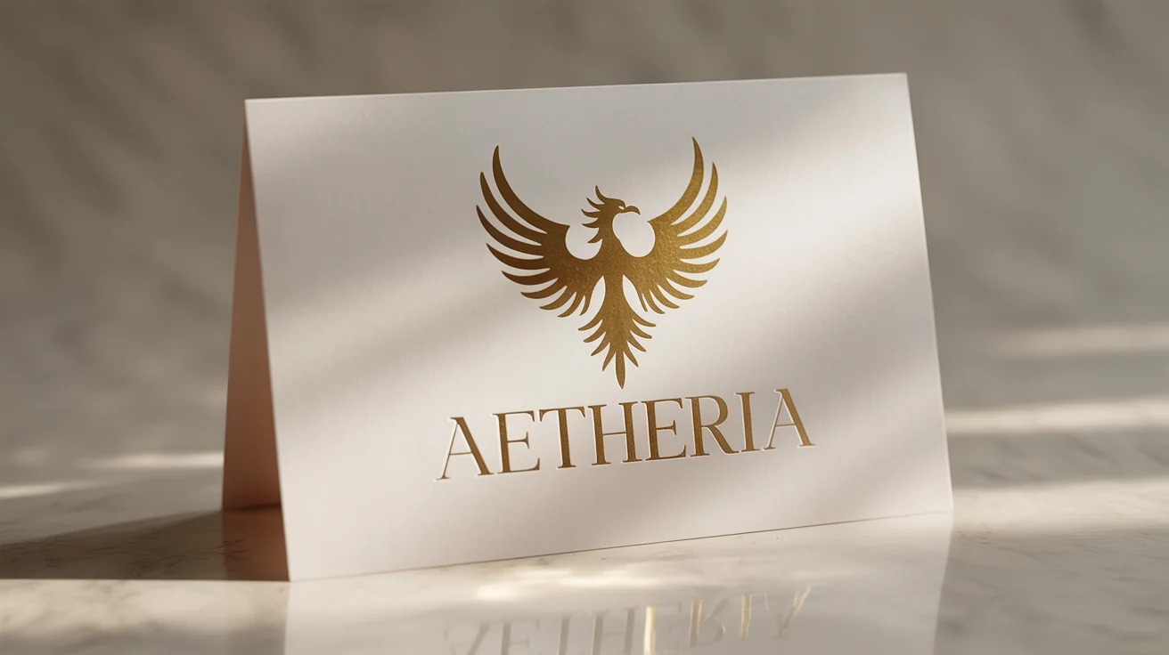 A photorealistic mockup of a brand logo featuring a phoenix icon and the name 'AETHERIA', both stamped in shiny gold foil onto a piece of matte white cardstock, against a plain white background.