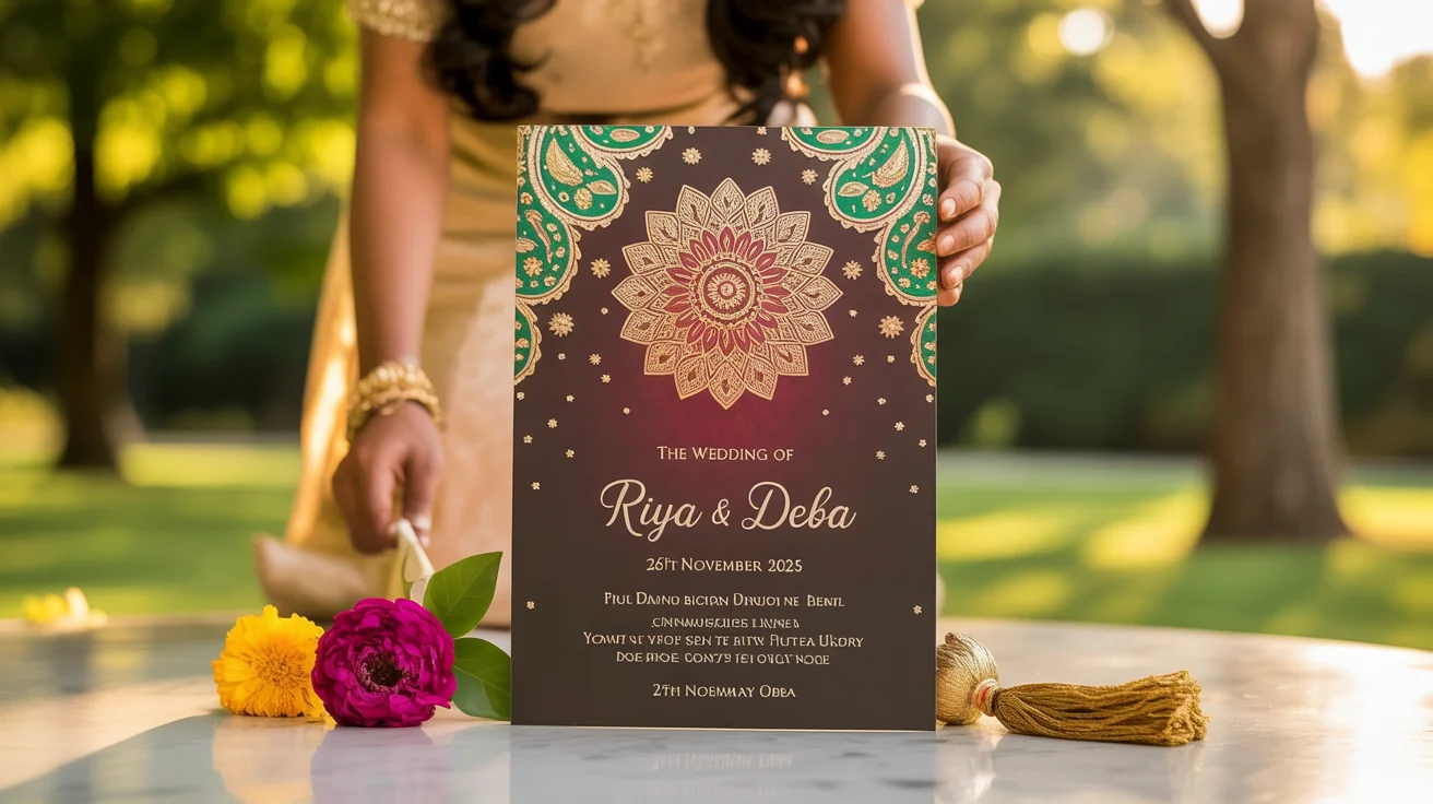 An elegant Indian wedding invitation card for Riya and Deba, dated November 26, 2025, displayed in a professional flat lay on a marble background with a marigold flower.