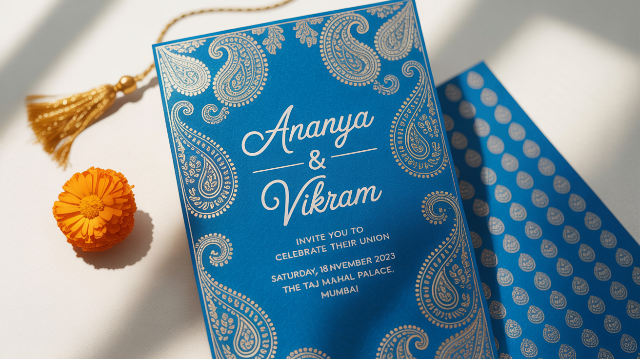A mockup of a luxurious Indian wedding invitation in royal blue and gold, with event details for 'Ananya & Vikram', placed on a white background with a marigold flower.