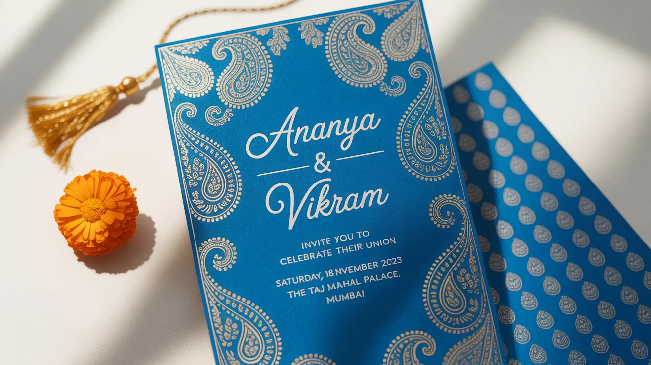 A mockup of a luxurious Indian wedding invitation in royal blue and gold, with event details for 'Ananya & Vikram', placed on a white background with a marigold flower.