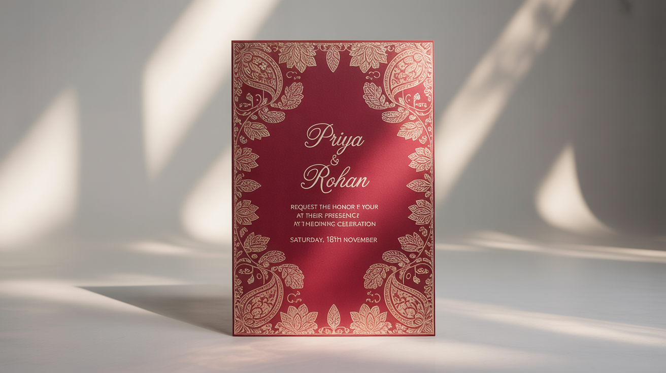 A luxurious Indian wedding invitation card mockup in crimson and gold, featuring elegant script with the names 'Priya & Rohan' and ornate floral patterns, set against a clean white background.