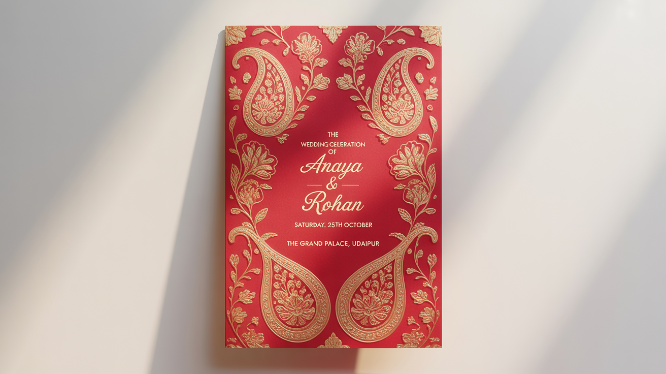 A beautiful Indian wedding invitation card mockup in red and gold, featuring the fictional names 'Anaya & Rohan', set against a plain white background.