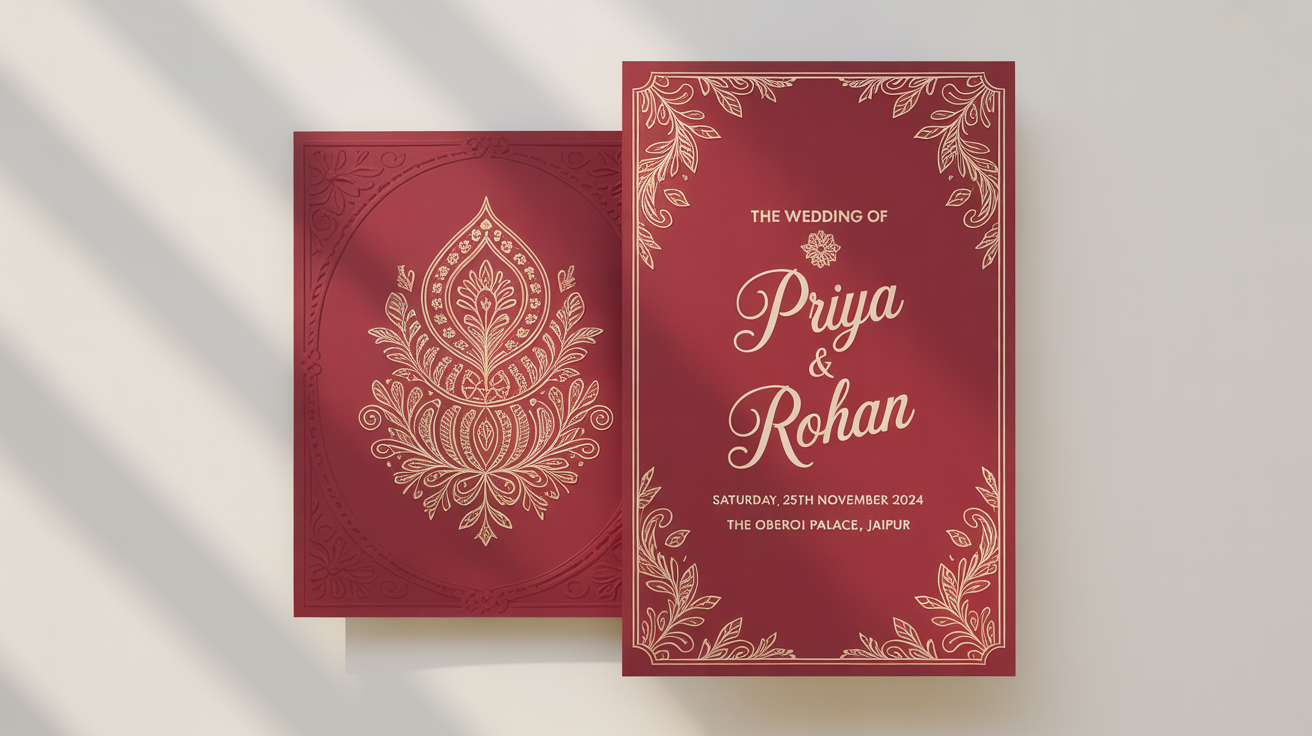 An elegant Indian wedding invitation card mockup in crimson and gold, featuring intricate paisley designs and the fictional names 'Priya & Rohan', set against a plain white background.
