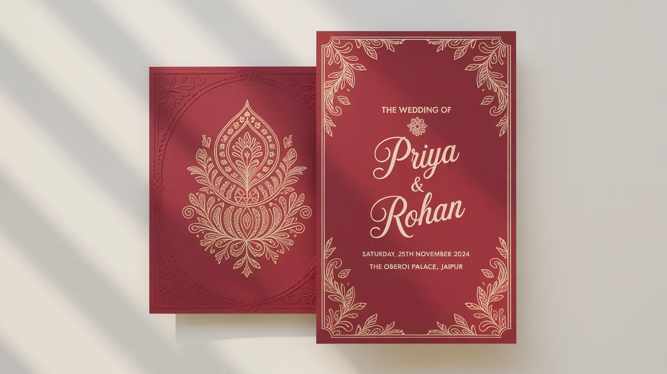 An elegant Indian wedding invitation card mockup in crimson and gold, featuring intricate paisley designs and the fictional names 'Priya & Rohan', set against a plain white background.