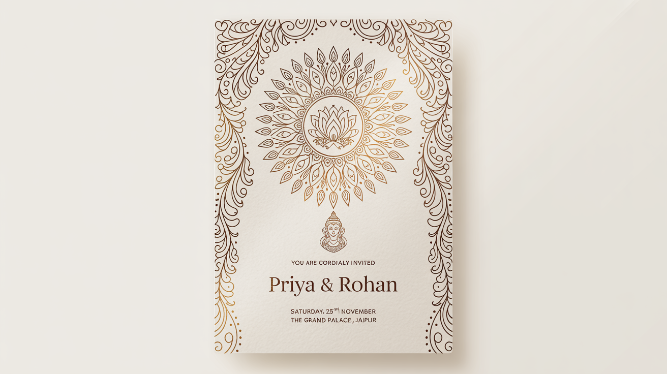 An ornate Indian wedding invitation card for 'Priya & Rohan', featuring gold foil details and floral patterns on a white background.