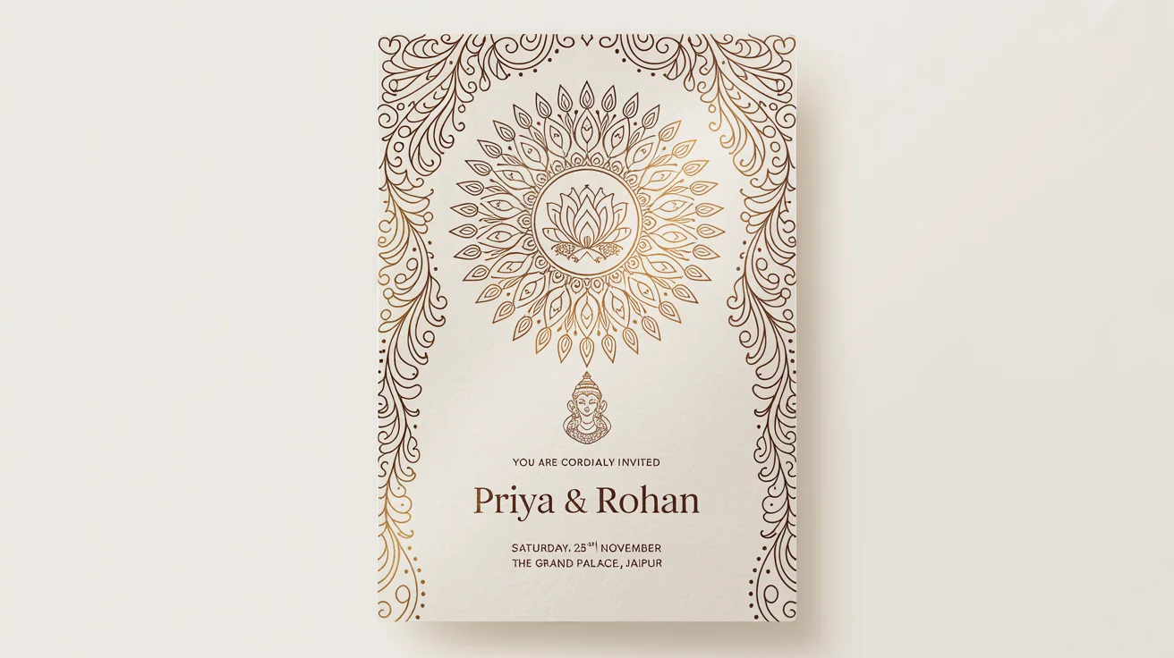 An ornate Indian wedding invitation card for 'Priya & Rohan', featuring gold foil details and floral patterns on a white background.