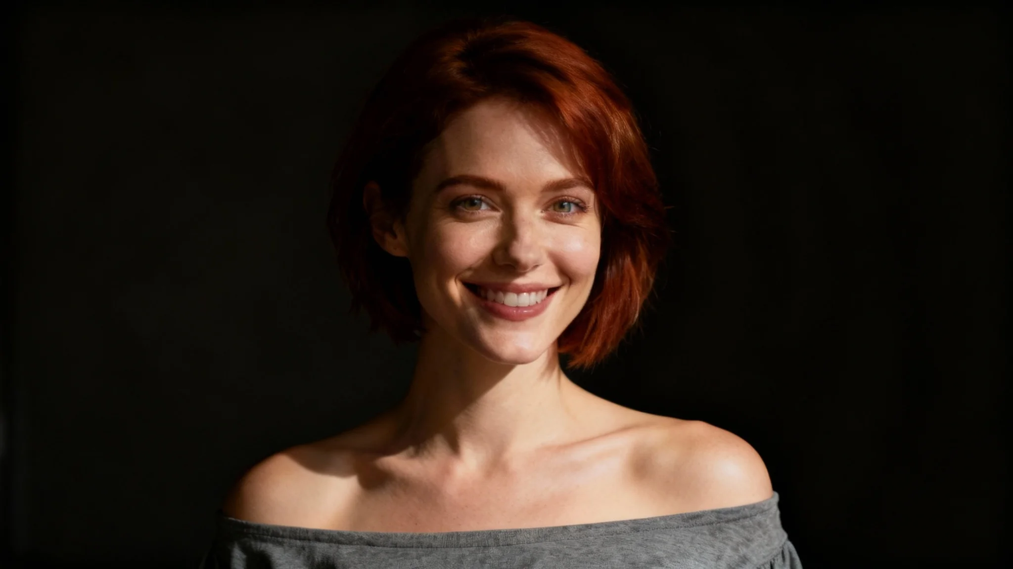 A professionally retouched portrait of a woman with short reddish-brown hair, demonstrating the successful removal of a necklace, leaving her neckline looking perfectly natural and clean.