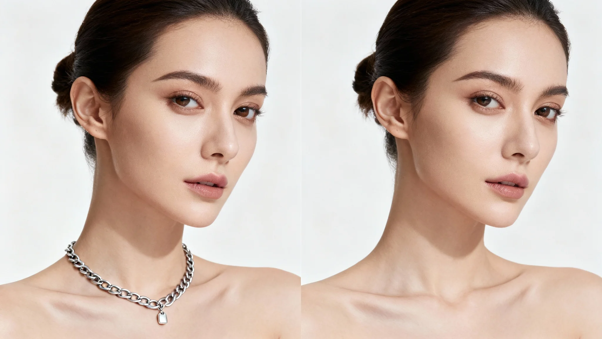 A before-and-after comparison image. The left side shows a portrait of a woman wearing a necklace, and the right side shows the same photo with the necklace digitally removed, highlighting the clean result.
