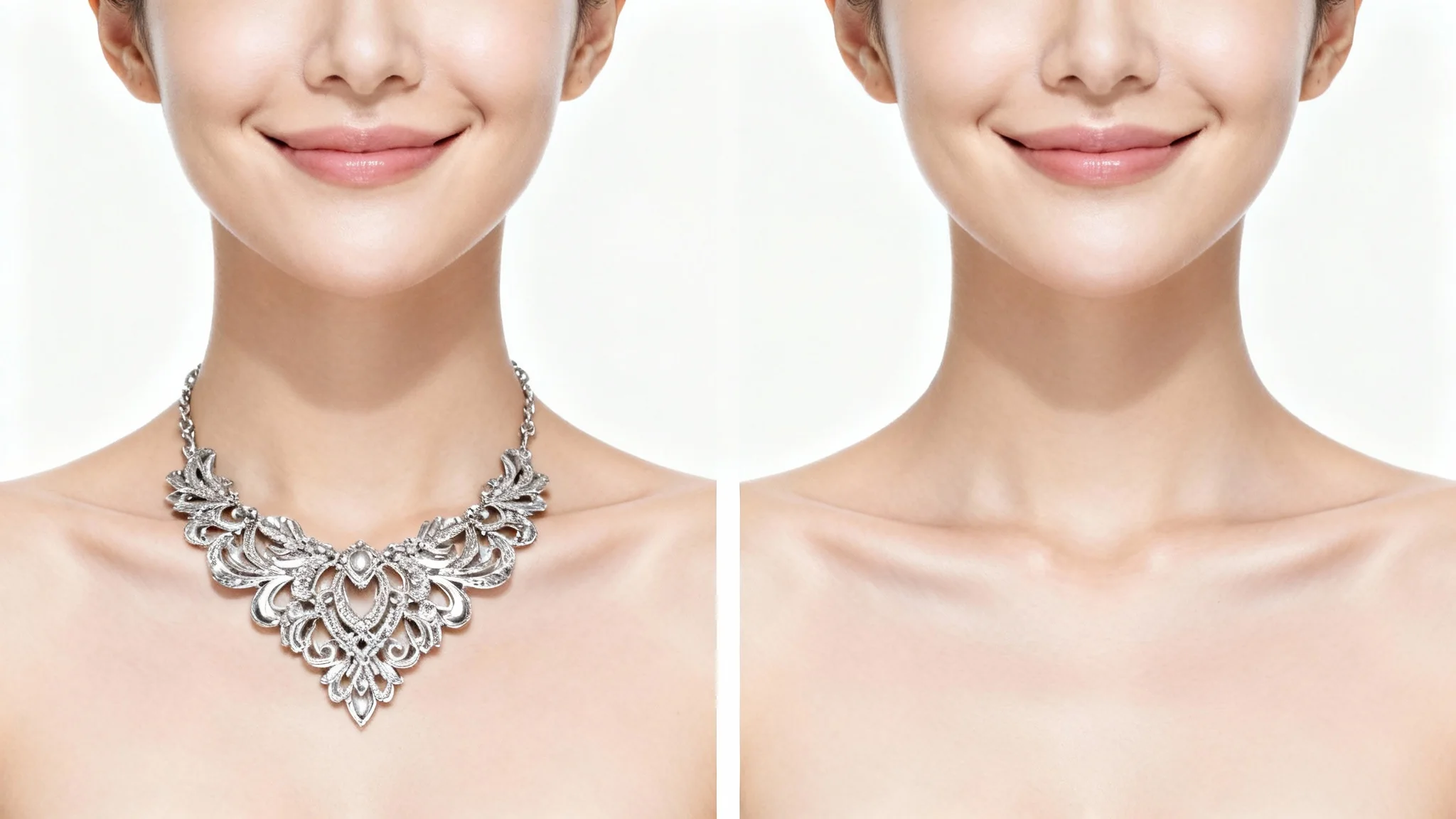 A before-and-after image demonstrating a necklace being removed from a woman's portrait. The left side shows her with the necklace, and the right side shows her without it, with clean, smooth skin.