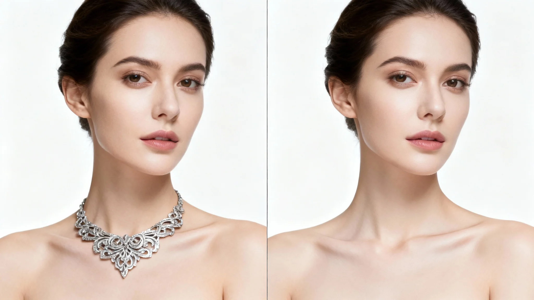 A before-and-after comparison image. The left side shows a woman wearing a necklace, and the right side shows the same woman with the necklace digitally removed from the photo.