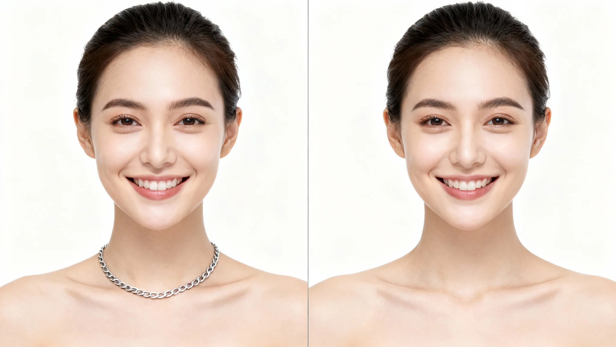 A before-and-after split image showing a woman's portrait. The 'before' side shows her wearing a necklace, and the 'after' side shows her without the necklace, illustrating the object removal feature.