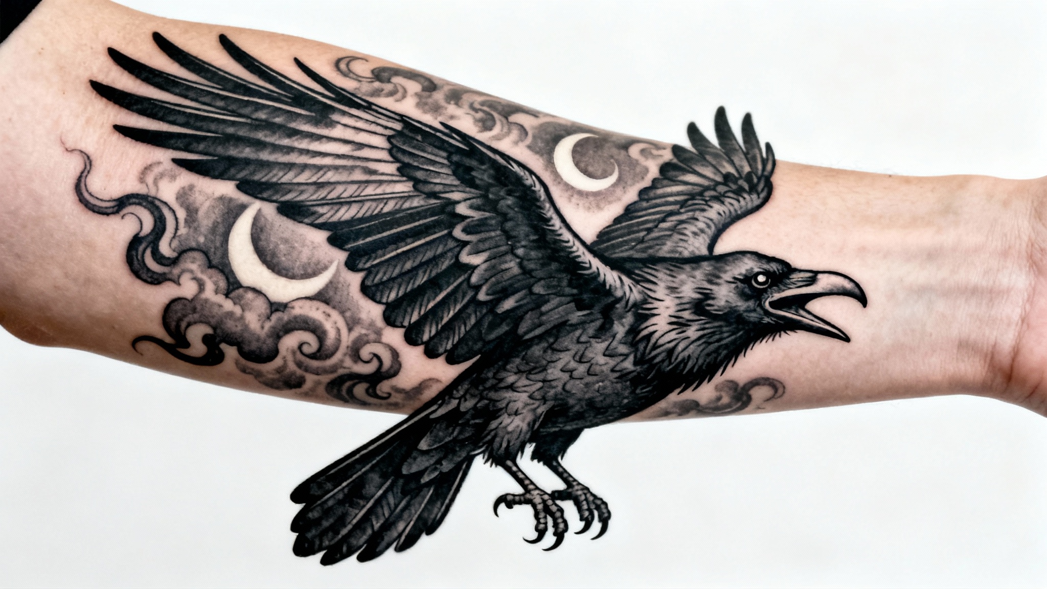 A close-up photograph of a finished black and gray tattoo of a raven in flight with a crescent moon, expertly inked on a person's forearm.