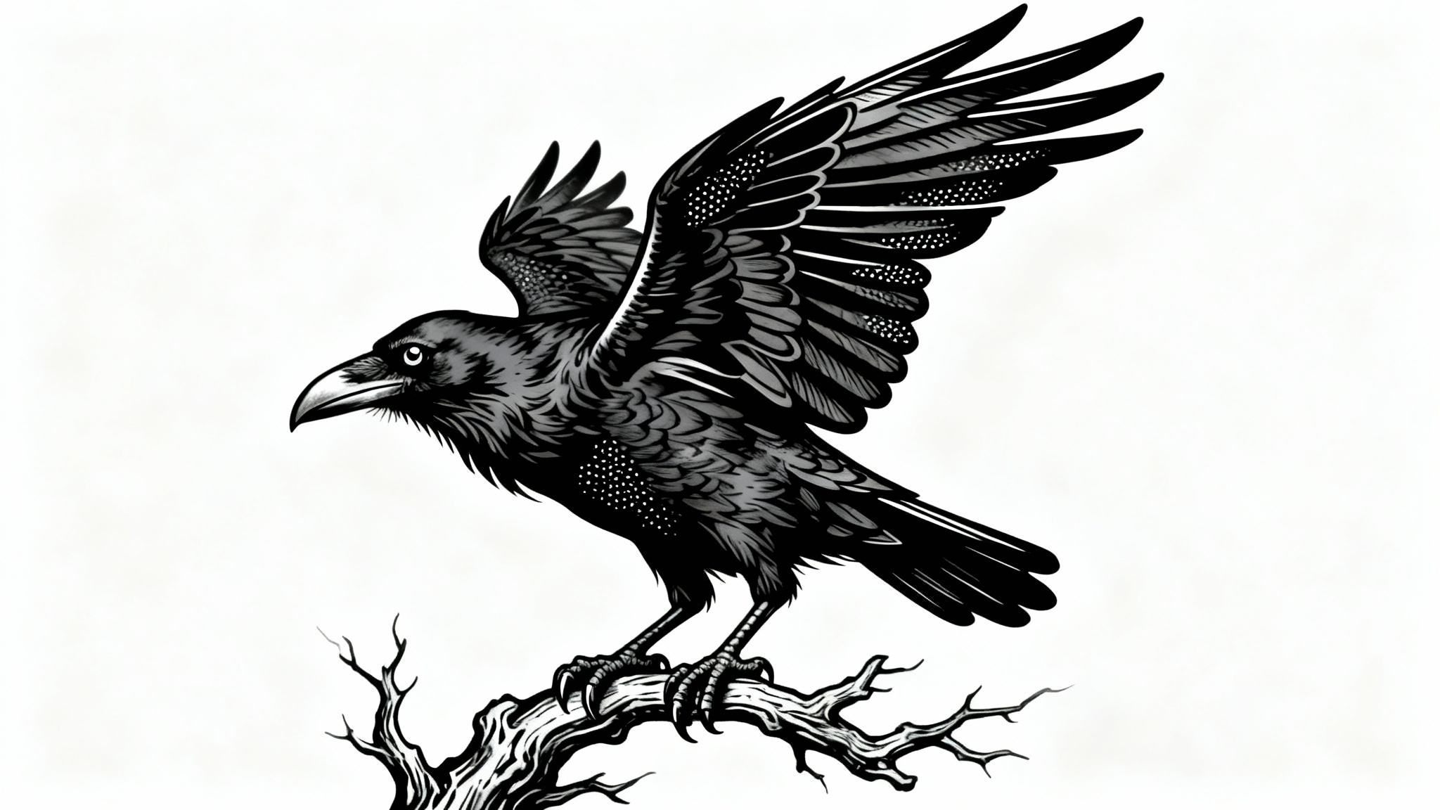 A mockup of a blackwork raven tattoo design in a gothic, illustrative style, featuring intricate feather details, presented on a clean white background.