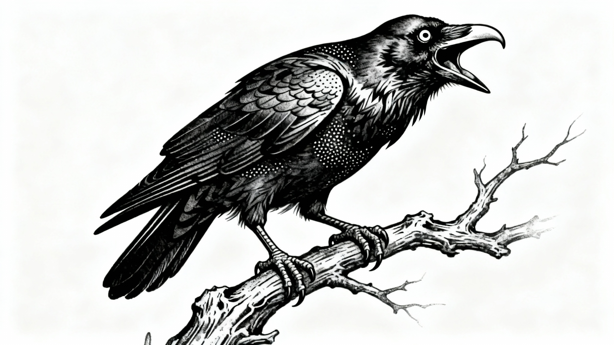 A detailed blackwork tattoo design of a raven, showcasing intricate line and dot work, isolated on a clean white background.