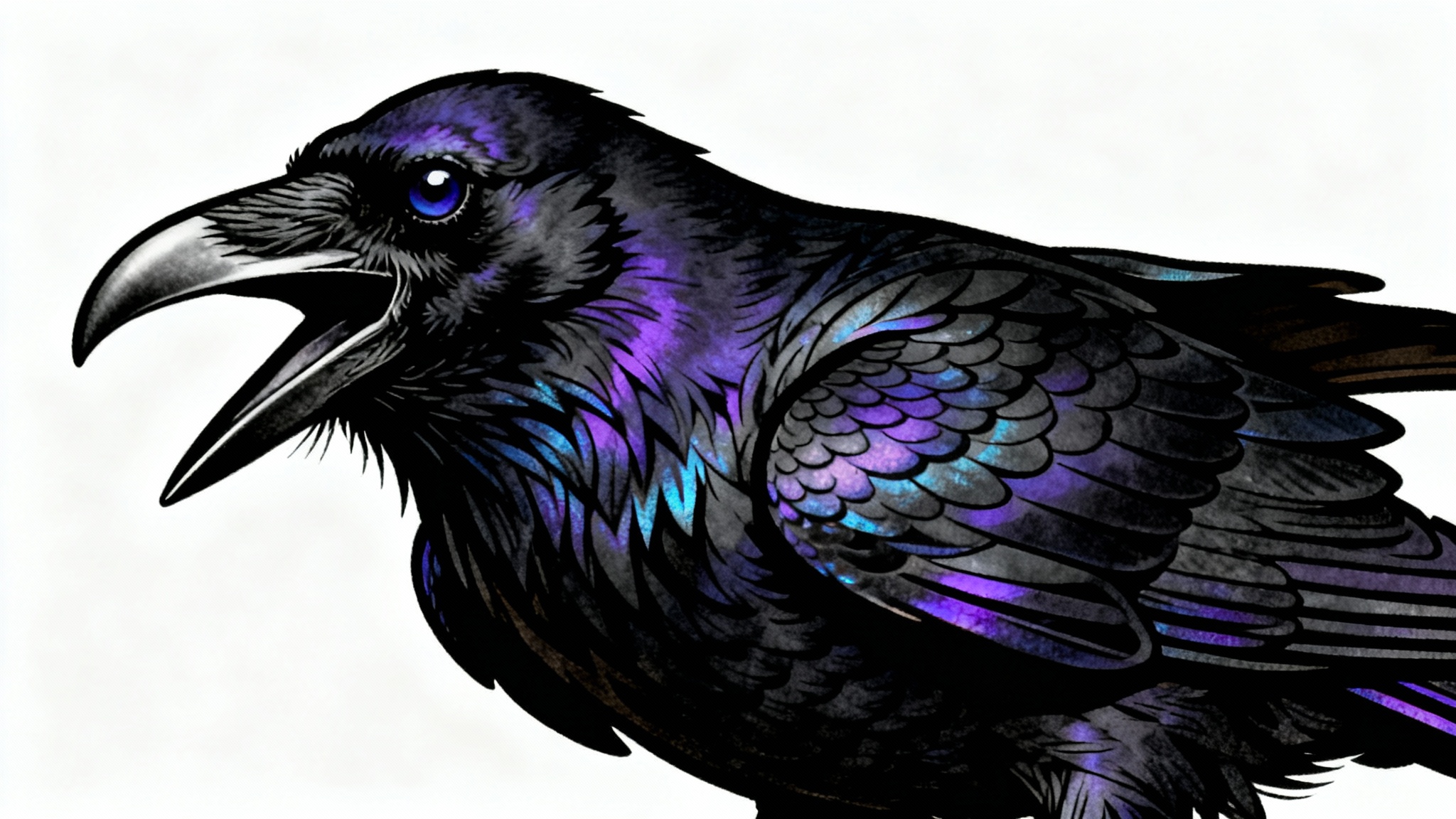 An illustrative tattoo design of a detailed black raven against a plain white background, shown as a mockup.