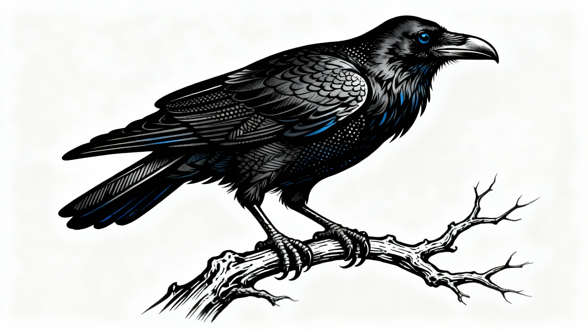 A modern blackwork tattoo design of a majestic raven perched on a branch, showcased against a clean white background.
