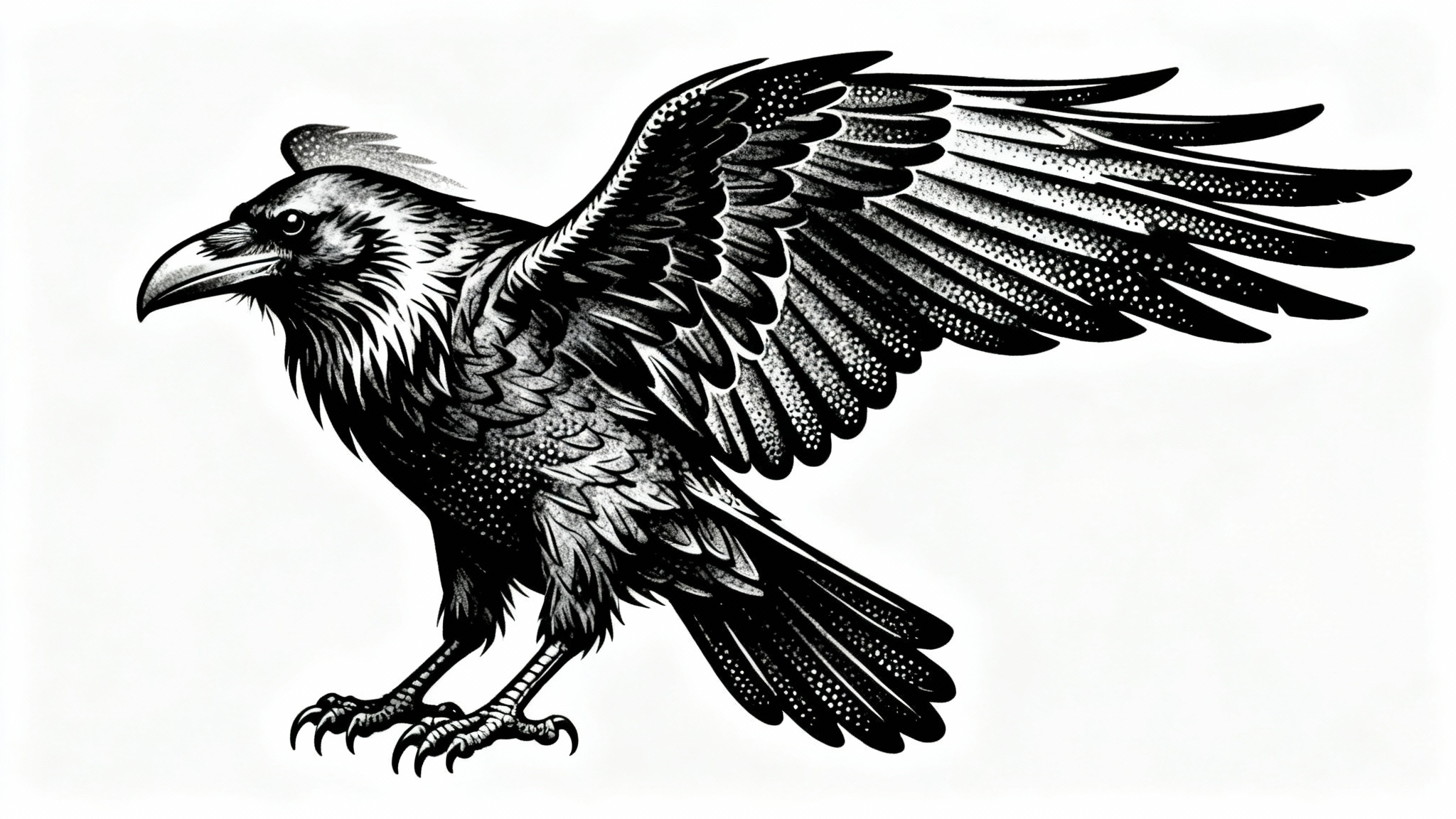An intricate blackwork tattoo design of a dynamic raven, presented as a professional mockup on a clean white background.