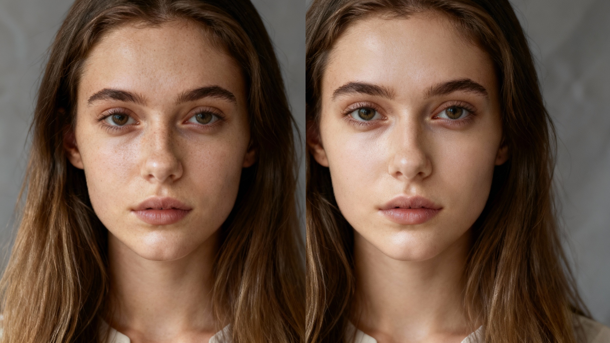 A split-screen image showing the before and after effects of a frequency separation photo editing action on a woman's face. The left side shows natural skin with minor imperfections, and the right side shows perfectly smooth but textured, retouched skin.