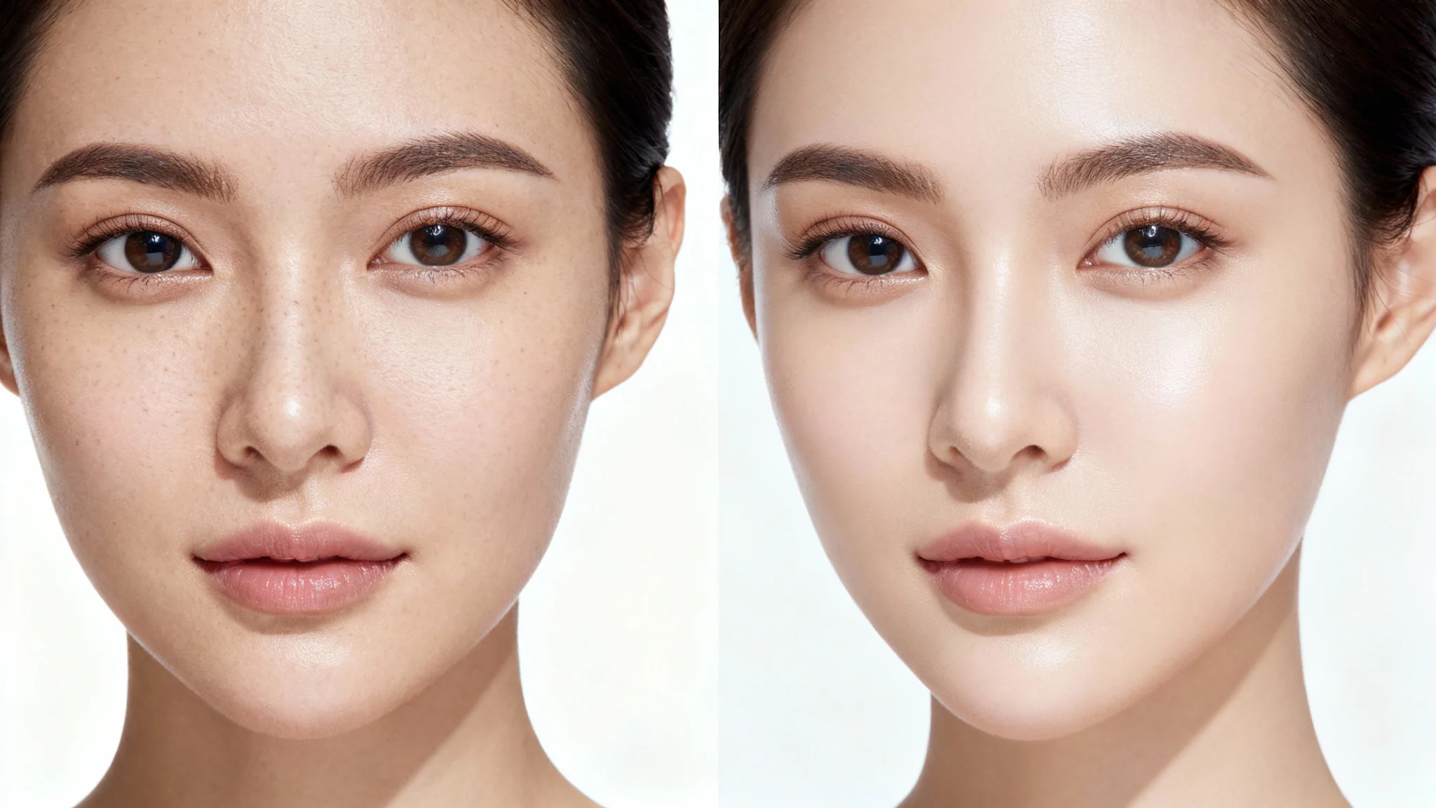 A close-up split-screen portrait of a woman's face demonstrating skin retouching. The left side shows natural, unretouched skin, while the right side shows the same face with perfectly smooth but realistically textured skin, set against a white background.