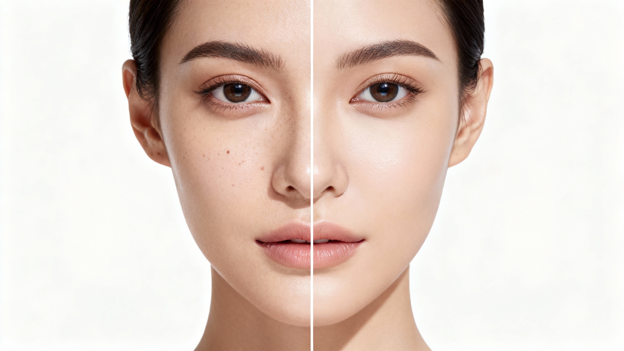 A split-screen, before-and-after portrait demonstrating frequency separation. The left half shows a woman's unretouched skin, and the right half shows her skin perfectly smoothed while retaining natural texture.