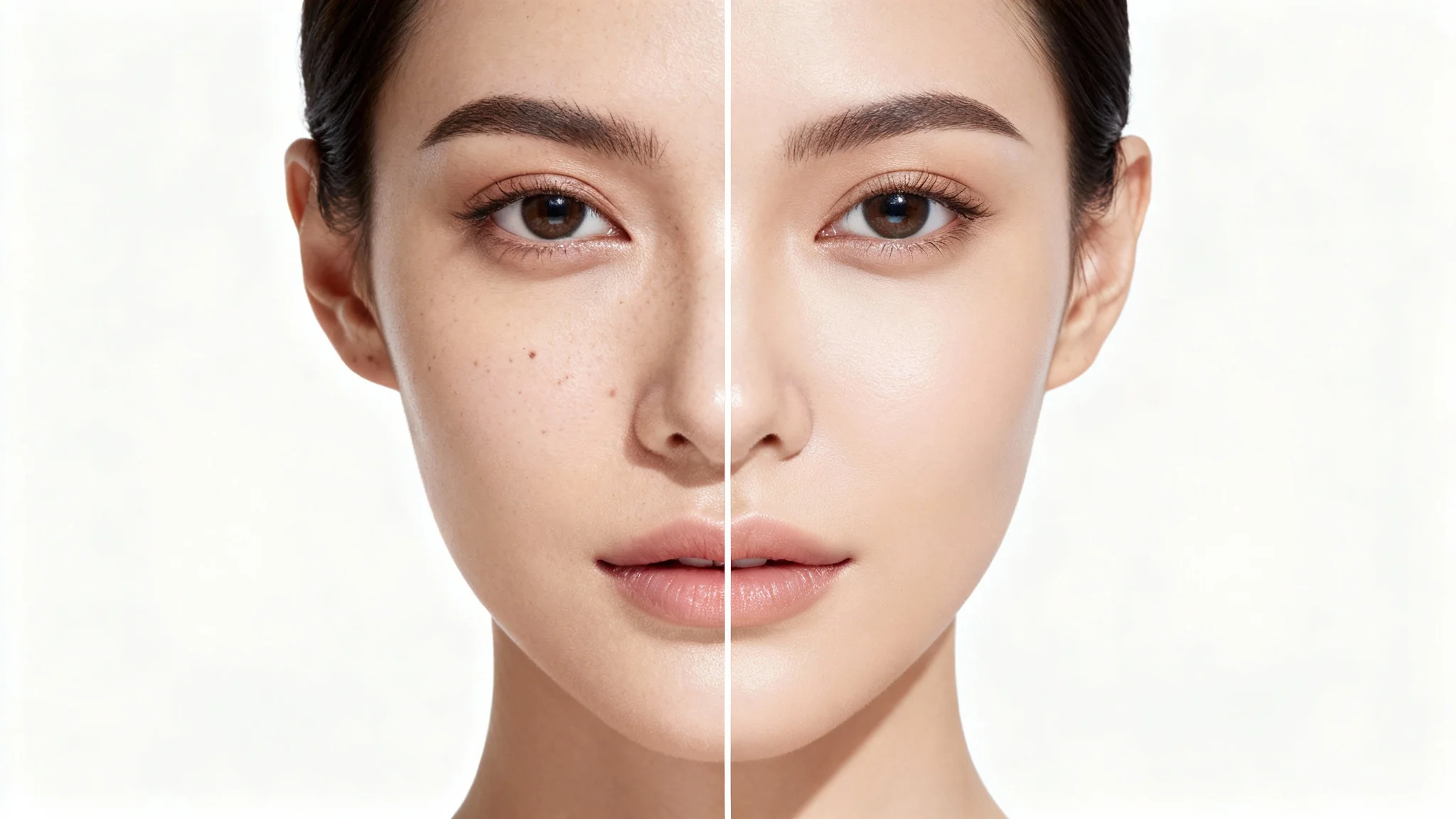 A split-screen, before-and-after portrait demonstrating frequency separation. The left half shows a woman's unretouched skin, and the right half shows her skin perfectly smoothed while retaining natural texture.