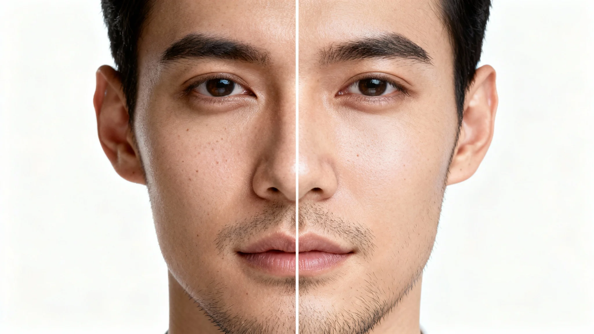 A close-up before-and-after portrait demonstrating a skin retouching technique. The left half of the face is unretouched, while the right half has perfectly smooth skin that still looks natural with visible texture.