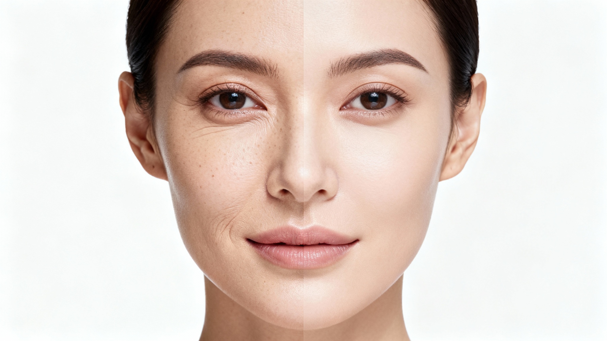 A close-up portrait demonstrating a skin retouching effect. The left side of the woman's face shows natural skin, while the right side is perfectly smooth yet retains realistic texture, all on a white background.