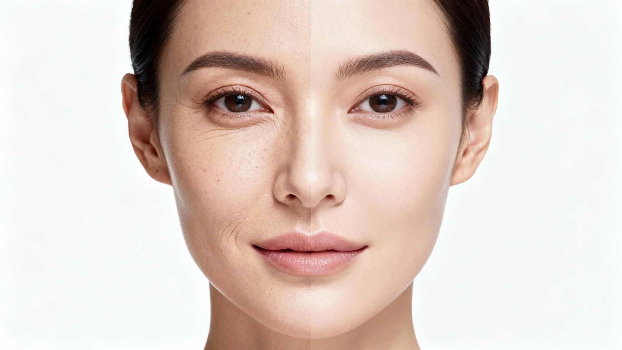 A close-up portrait demonstrating a skin retouching effect. The left side of the woman's face shows natural skin, while the right side is perfectly smooth yet retains realistic texture, all on a white background.