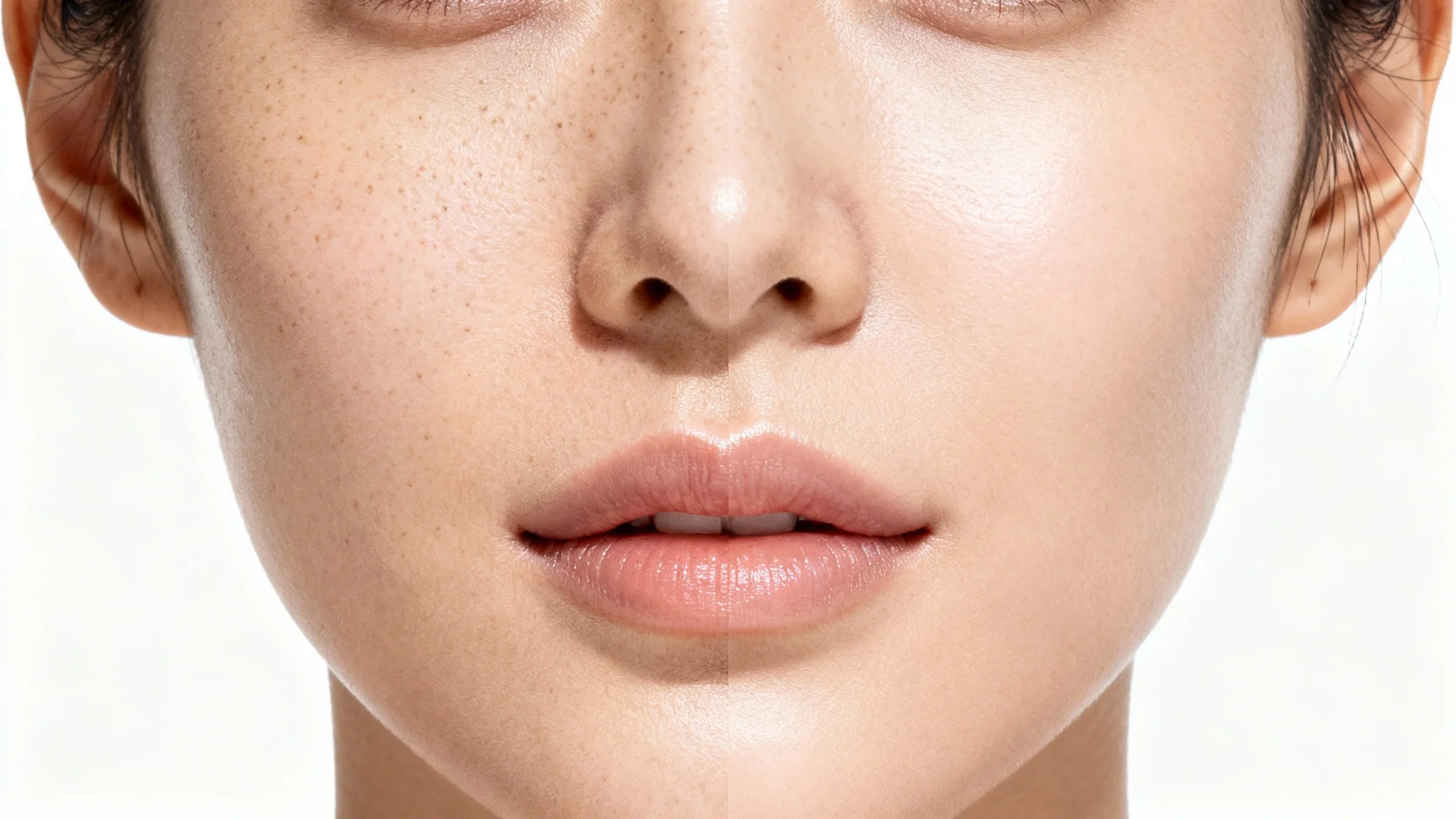 A hyper-realistic macro photo of a woman's face, demonstrating a retouching effect where one side is flawed and the other is flawlessly smooth yet textured, on a white background.