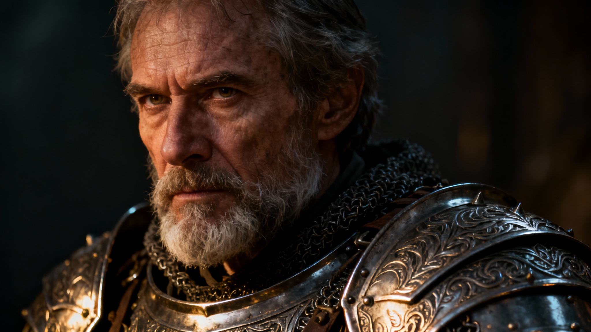 A dramatic, photorealistic close-up portrait of a medieval knight in detailed steel armor against a dark background.