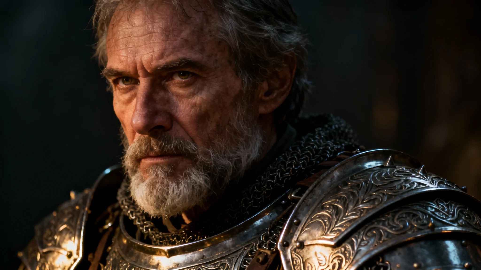 A dramatic, photorealistic close-up portrait of a medieval knight in detailed steel armor against a dark background.