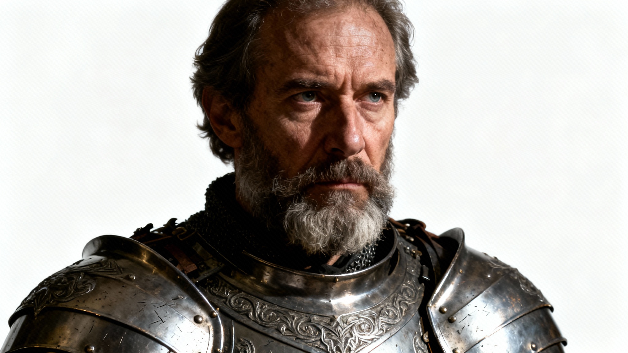 A detailed, photorealistic portrait of a middle-aged medieval knight in ornate steel armor, set against a plain white background.