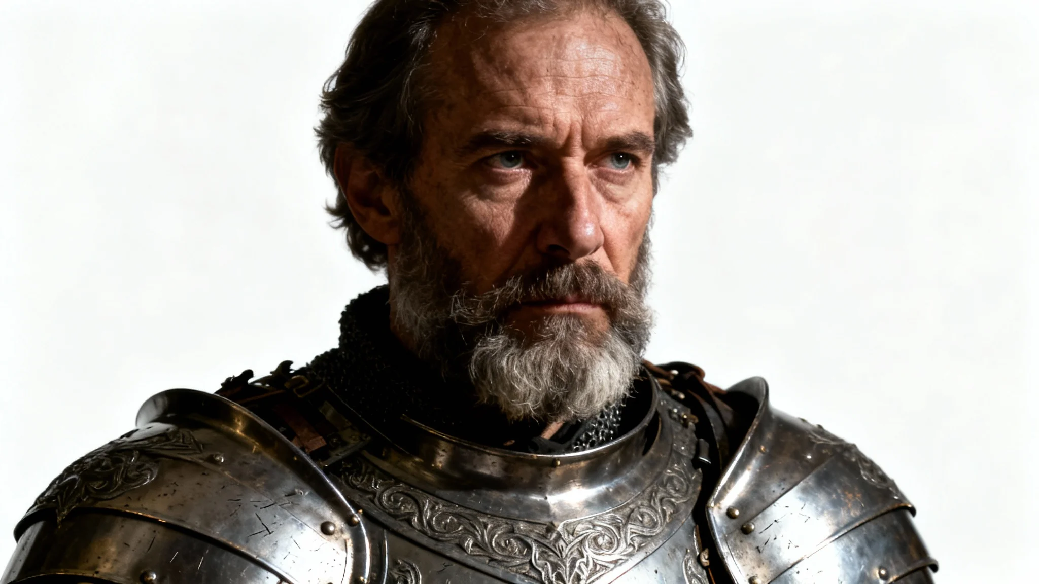 A detailed, photorealistic portrait of a middle-aged medieval knight in ornate steel armor, set against a plain white background.