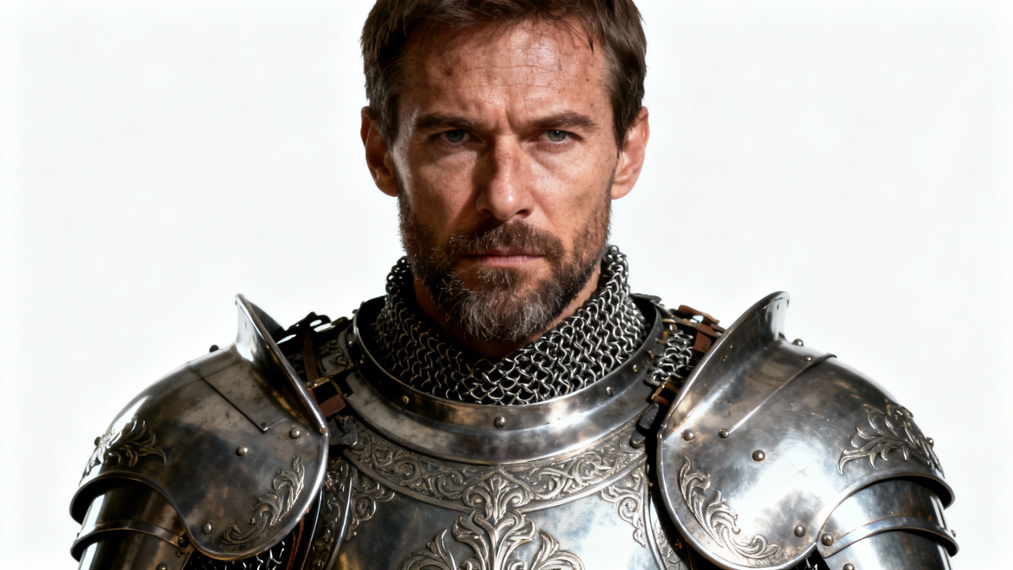 A hyper-realistic studio portrait of a medieval knight in intricately detailed steel armor, looking determined against a solid white background.