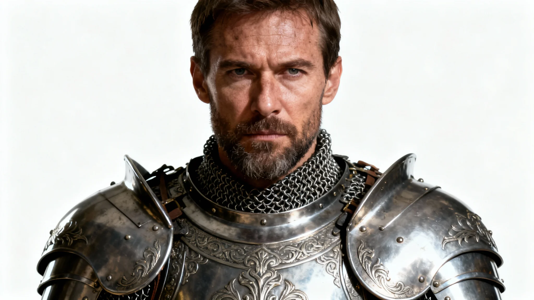 A hyper-realistic studio portrait of a medieval knight in intricately detailed steel armor, looking determined against a solid white background.