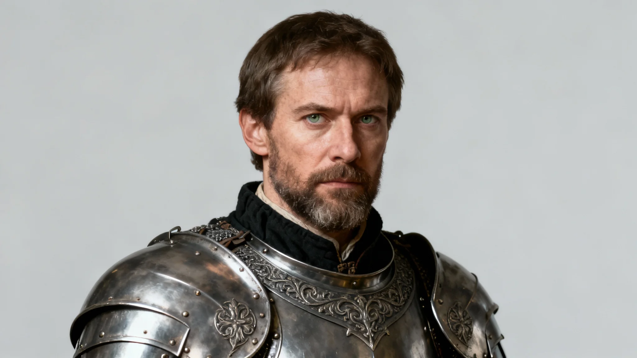 A highly detailed, photorealistic portrait of a stoic medieval knight in shining, ornate armor, set against a plain light gray background.