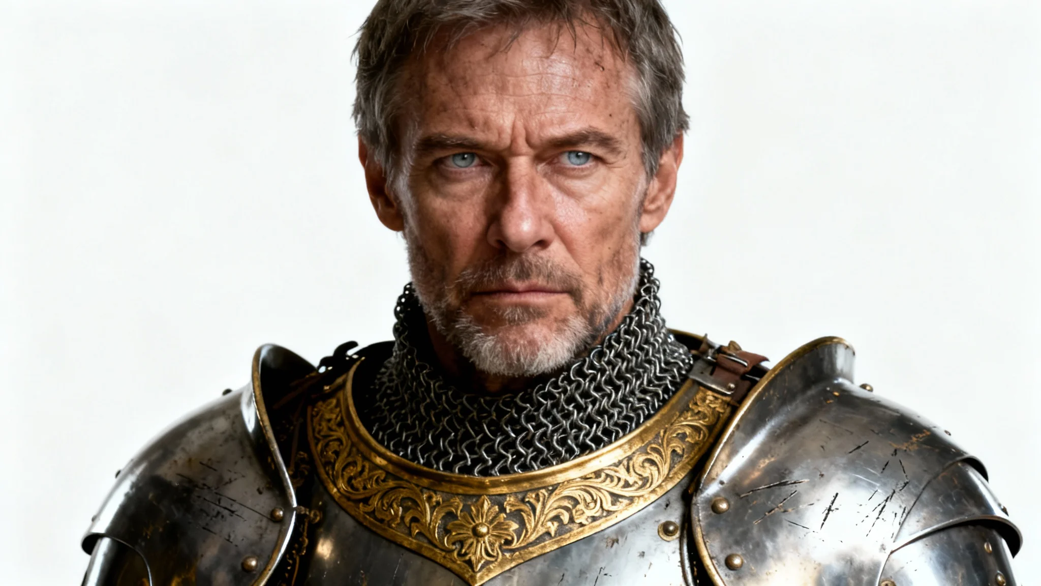 A detailed, photorealistic portrait of a medieval knight in ornate steel armor, set against a plain white background.