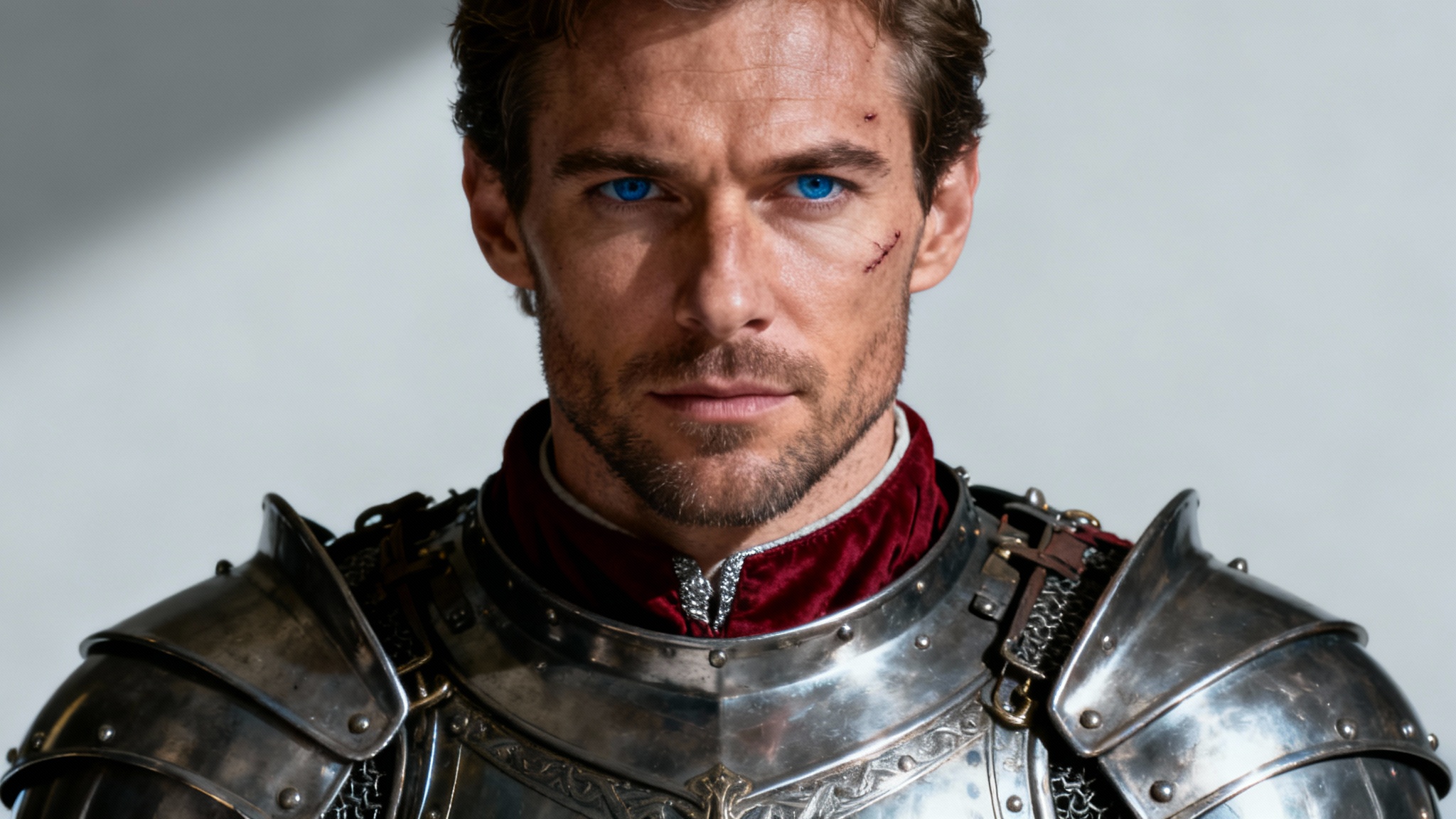 A hyperrealistic portrait of a medieval knight in shining, detailed steel armor. He has a stoic expression and is set against a clean, light grey background.