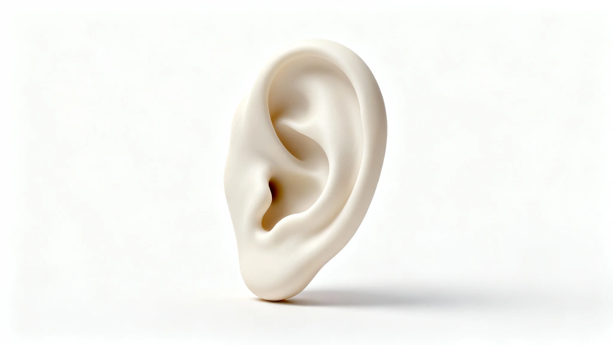 A hyper-realistic 3D model of a human ear in a matte off-white finish, displayed against a plain white background to highlight its detailed anatomical features.