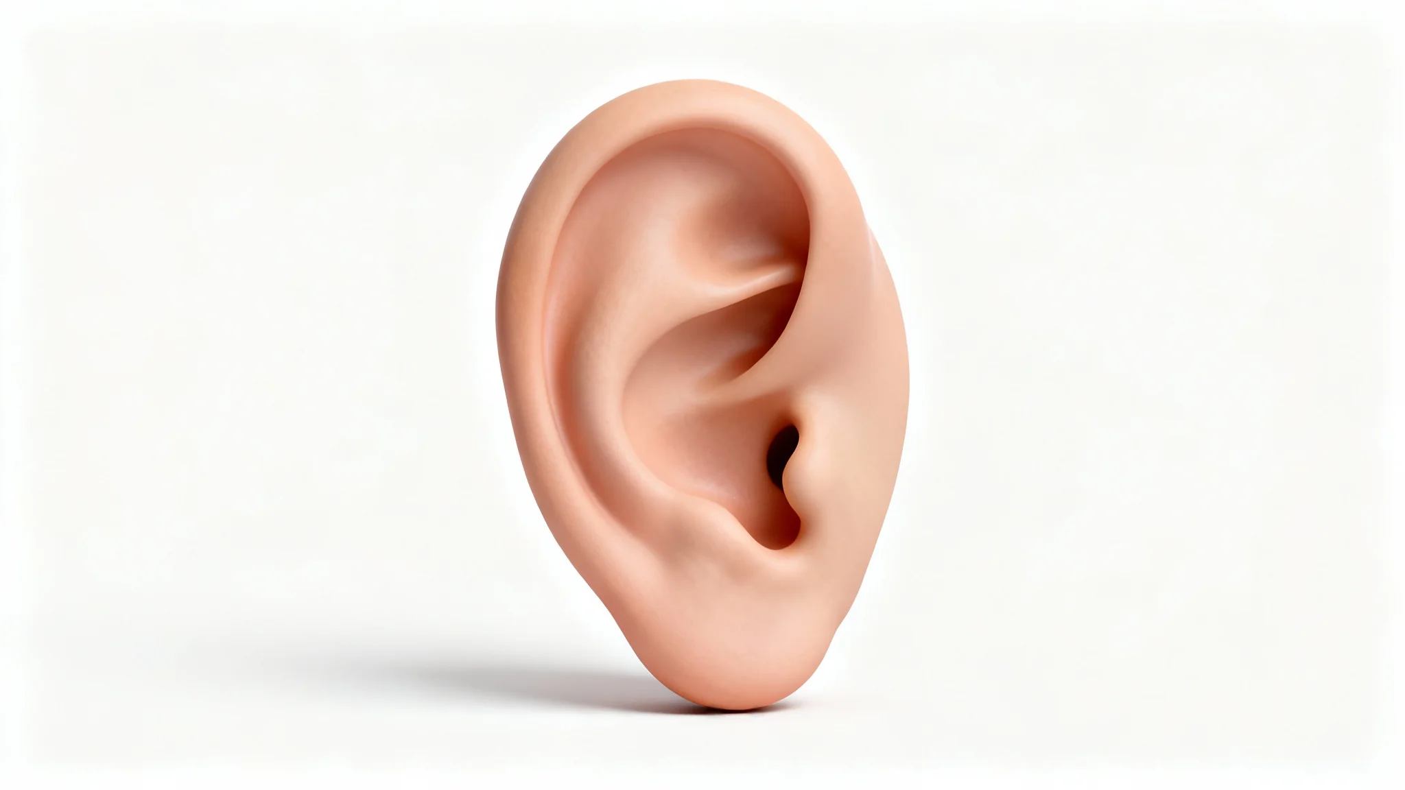 A detailed, realistic 3D model of a human ear shown in a close-up view against a clean white background, highlighting its anatomical structure.