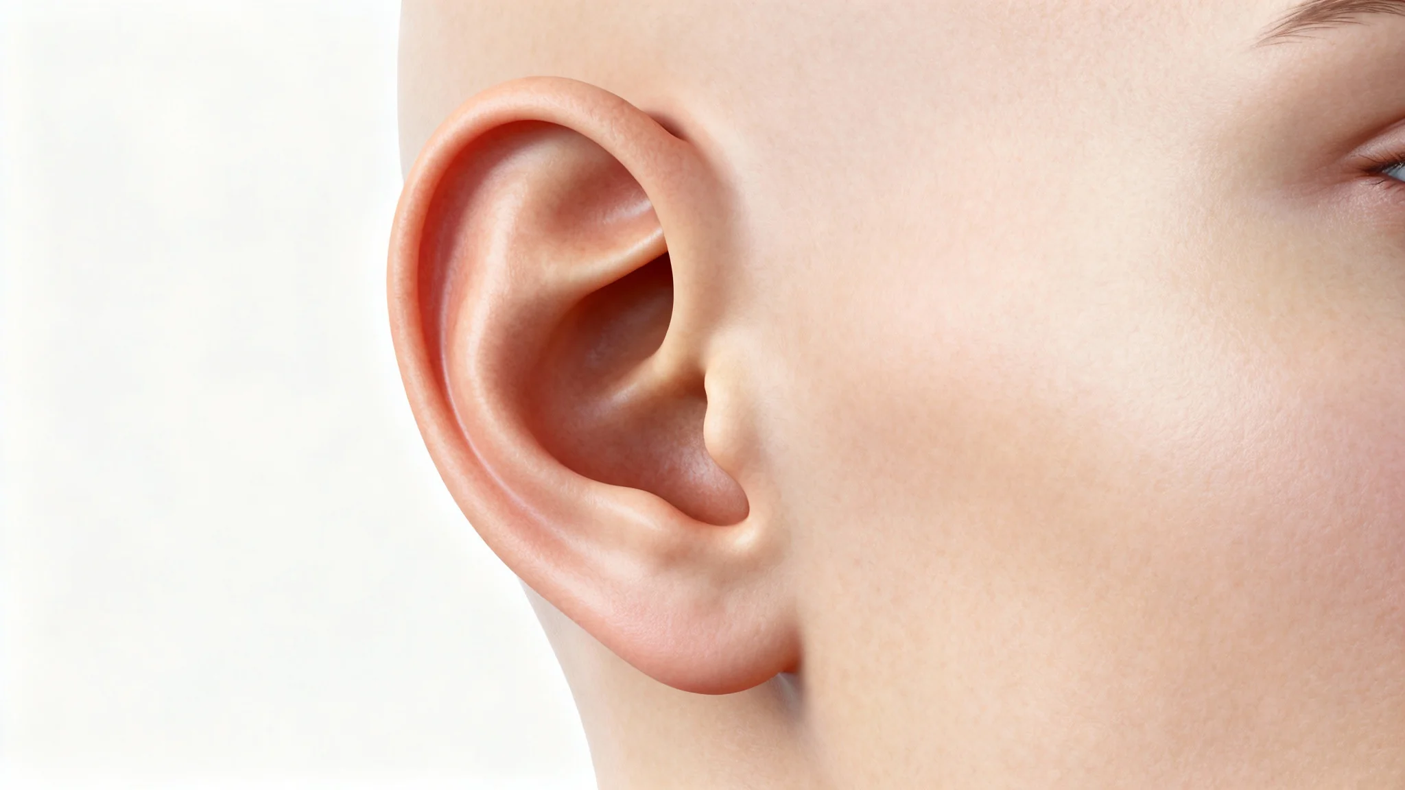 A photorealistic 3D render of an anatomically perfect human ear model, showcased against a stark white background for product display.