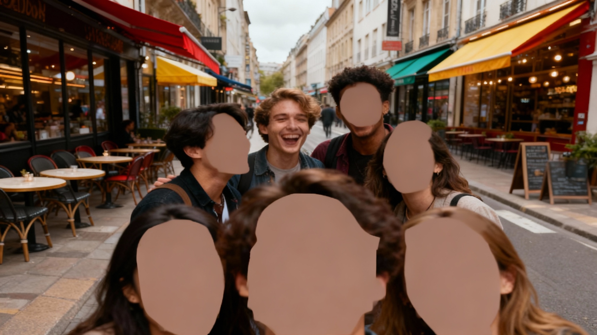 A high-quality photo of a group of friends on a city street. Their faces are deliberately pixelated for privacy, while the rest of the vibrant urban scene is in sharp focus.